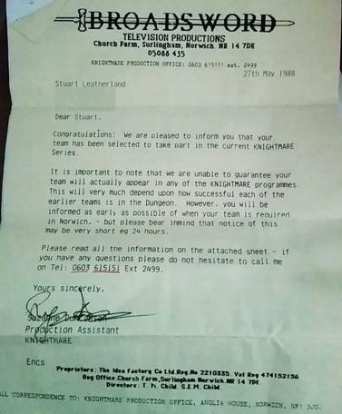 Knightmare Series 2 Team 8. Stuart's acceptance letter from Broadsword in 1988.