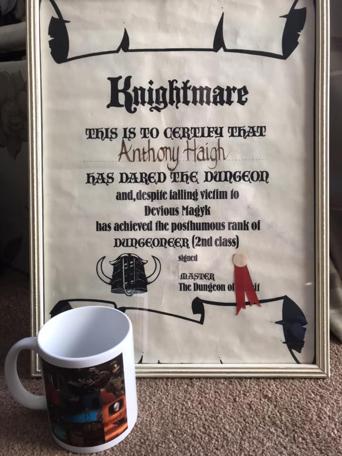 Knightmare Series 2 Team 11. Anthony's certificate plus a Knightmare-themed mug. 