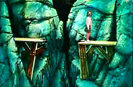 Knightmare Series 2 Team 13. Karen uses magic to fly over a broken bridge.