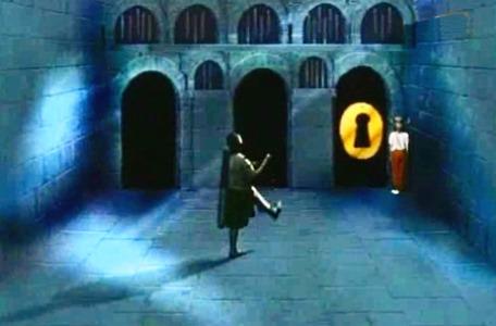 Knightmare Series 2 Team 8. Stuart rushes to unlock a door while chased by the automatum.