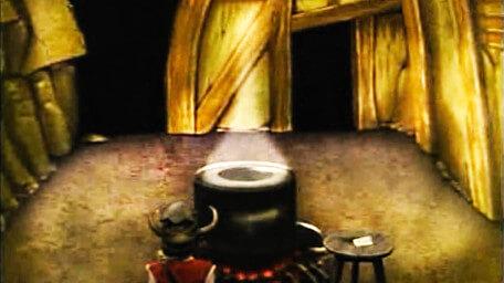 The Cauldron Room or Crone Room, based on a handpainted scene by David Rowe, as shown on Series 3 of Knightmare (1989).