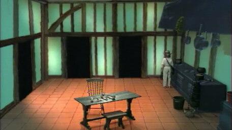 The kitchen, based on a handpainted scene by David Rowe, as shown on Series 3 of Knightmare (1989).