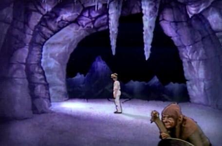Knightmare Series 3 Team 2. Cliff enters a large cavern with stalactites.