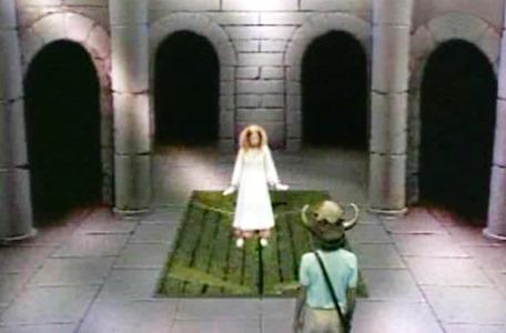 Knightmare Series 3 Team 6. Mellisandre falls through a trapdoor.