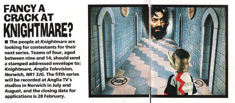 An invite to apply to the forthcoming fifth series of Knightmare in the 19/01/1991 issue of Look In Magazine (pp. 18-19).