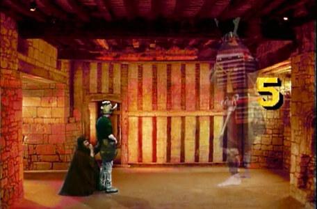 Knightmare Series 6 Team 1. Sylvester Hands cowers as Matt conjures a samurai warrior. 