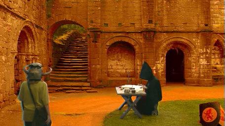 A courtyard, part of Witch Haven, as seen in Series 6 of Knightmare (1992).