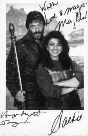 A 1993 character card of Treguard (Hugo Myatt) and Majida (Jackie Sawiris).