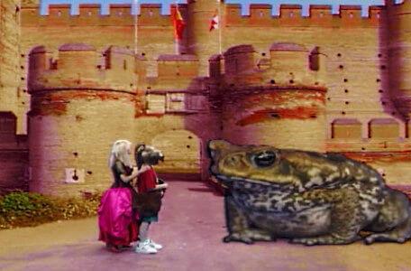 Knightmare Series 7 Team 3. Sidriss has turned Fidjit into a toad in front of a castle.