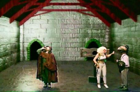 Knightmare Series 7 Team 7. Barry rescues Romahna from the pillory with Sylvester Hands incapacitated.
