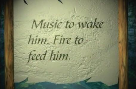 Knightmare Series 8 Team 5. The Level 1 scroll reads: Music to wake him. Fire to feed him.