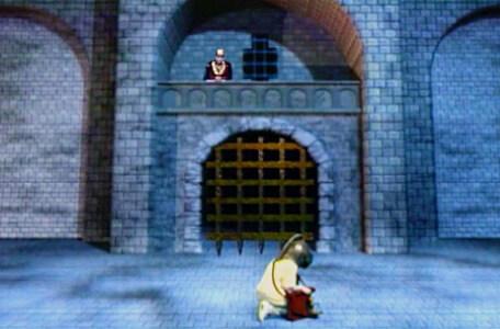 Knightmare Series 8 Team 6. Dunstan kneels before Maldame in Level 3.